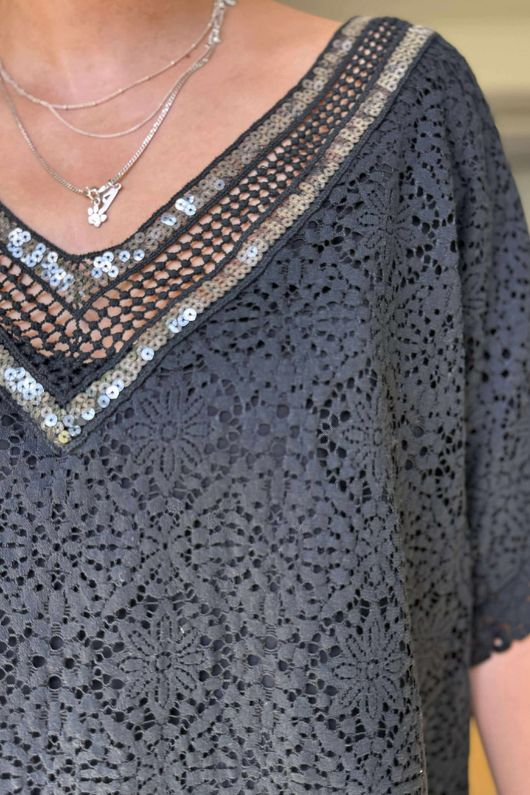 Made in Italy Love Shack Boho Shimmer Top Black